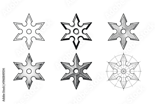 Collection of six Japanese shuriken ninja stars in various graphic styles. Line art, hatched, and stippled versions. Perfect for martial arts themes, gaming icons, or tattoo design.