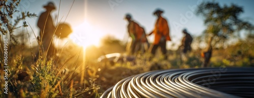 Workers laying fiber cables in a field during sunset  