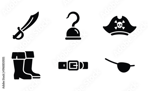 A collection of black pirate icons. This vector set includes a sword, hook, hat, boots, belt, and eyepatch. Perfect for adventure game assets, party designs, and web graphics.