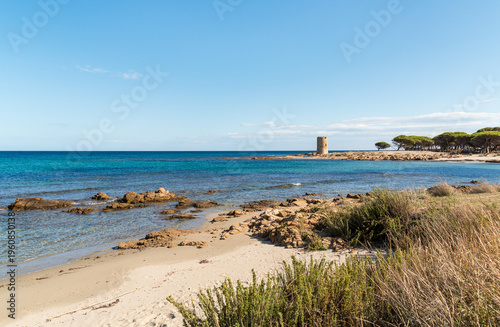 Wallpaper Mural San Giovanni Beach with the historic coastal tower of San Giovanni in Posada, Sardinia, Italy. Torontodigital.ca