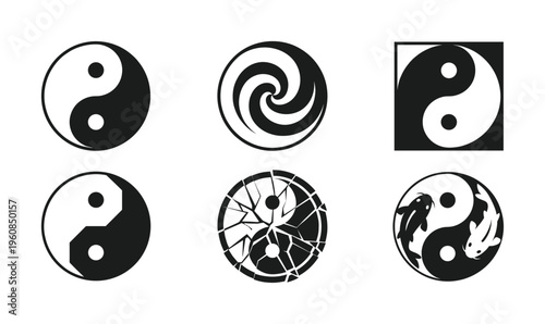 A minimal vector icon set of various Yin Yang symbols. Represents balance, spirituality, and harmony. Includes classic, broken, and koi fish designs for logo or spiritual use.