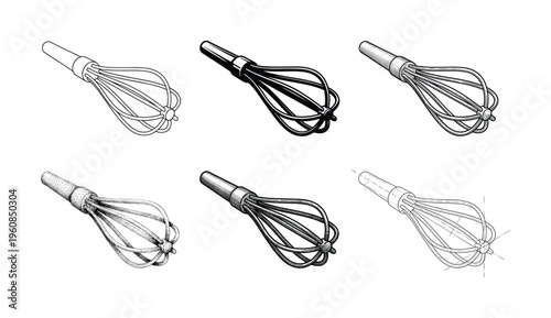 A set of six vintage hand-drawn kitchen whisk vector illustrations. Includes line art, engraving, and stipple styles for culinary design, recipes, or menus.