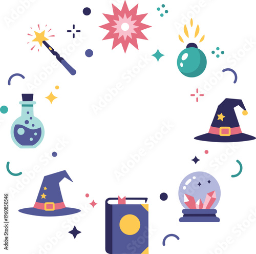 Magical flat vector icon set featuring wizard hats magic wands crystal balls potions and spell books in a circular frame