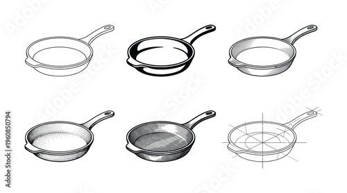 A set of six cast iron skillet illustrations in various styles: line art, engraving, dotwork, and blueprint. Perfect for logos, icons, menus, and cooking-themed designs.