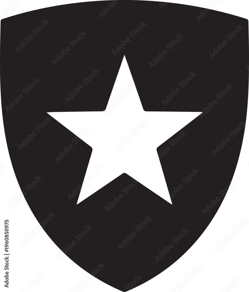 Fototapeta premium Black shield icon, white star symbol, vector emblem, security logo