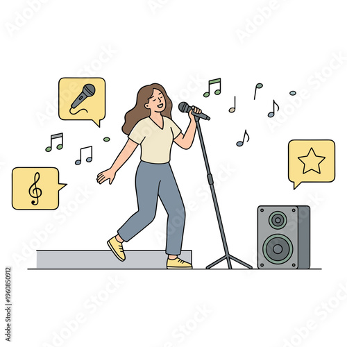 A young woman enthusiastically sings into a microphone on stage with musical notes and symbols around her.