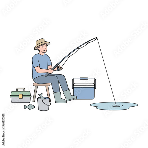 Man fishing on ice hole outdoors with cooler and tackle