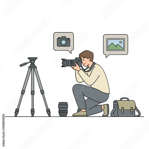A man takes a photo with his camera on a tripod.