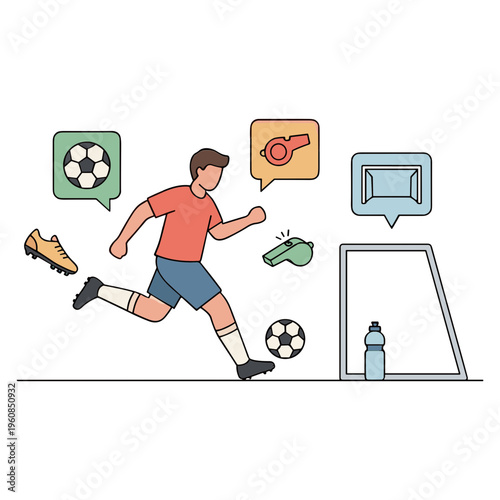 A soccer player kicks ball with referee whistle and goal icons nearby on field
