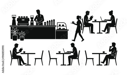 A set of black vector silhouettes showing people in a coffee shop. Barista making coffee, waitress serving, and customers reading or working on laptops. For cafe or business concepts.