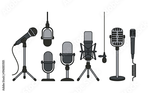 A set of various microphone icons for podcast, radio, or music studio recording. Professional audio equipment vector illustration for broadcasting and interviews.