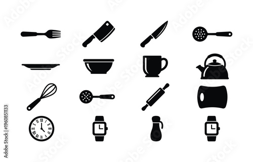 Set of black kitchen utensils and cooking tools icons. Vector symbols for culinary websites, restaurant menus, food apps, and graphic design.