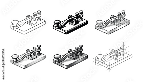 Set of six retro telegraph key vector illustrations in various styles. Includes line art, engraving, stipple, and technical drawing for communication, history, and tech themes.