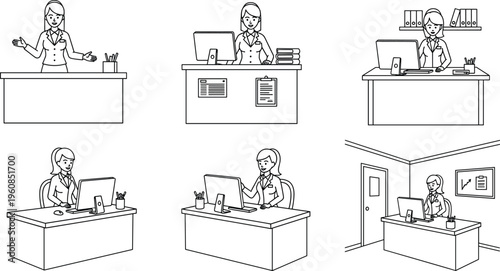 Receptionist and office secretary vector set featuring female employee at desk with computer for customer service and administrative support design