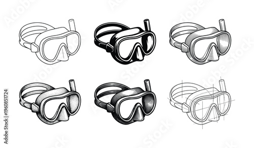 A set of six scuba diving mask illustrations in retro graphic styles like engraving, sketch, and line art. Vector icons for summer vacation, travel, or water sports themes.