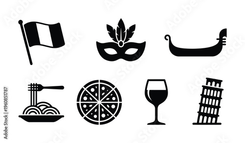 Set of black vector icons representing Italian culture, travel, and food. Includes flag, pizza, pasta, wine, gondola. Perfect for web design, apps and travel graphics.