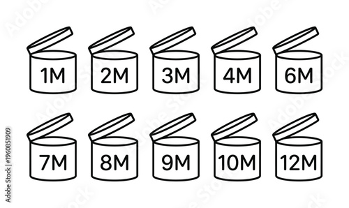 Set of PAO or Period After Opening vector symbols. Black line icons for cosmetic packaging indicating product expiration date and shelf life. Simple design for beauty and skincare.