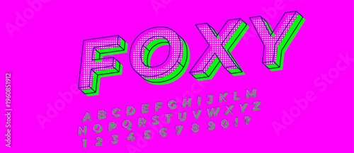 Foxy Halftone 3D Alphabet Font Set - Green Outline Typography with Dot Pattern Letters on Pink Magenta Background