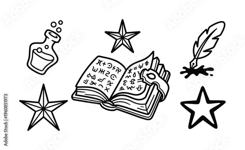 Set of magical doodle icons. Features a wizard's spellbook, bubbling potion, and stars. Ideal for games, esoteric designs, or Halloween. Black and white vector art.
