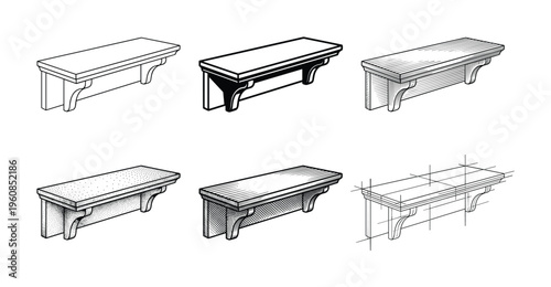 A vector set of wooden shelf illustrations in various graphic styles. Includes line art, engraving, stippling, and blueprint designs for furniture or interior concepts.