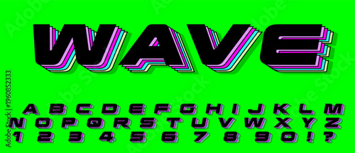 Wave Retro 3D Alphabet Font Set - Synthwave Typography with Multicolored Striped Letters on Green Background