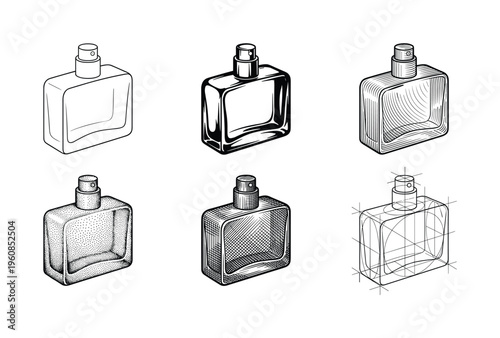 A set of six perfume bottle vector illustrations. Shows various graphic styles like line art, engraving, and hatching. Perfect for cosmetic branding, packaging, or icons.