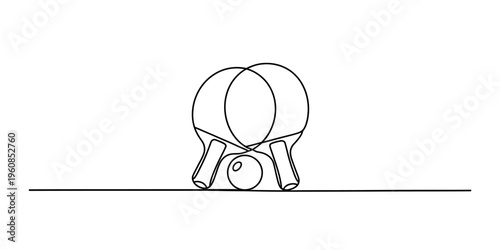 Continuous line drawing of two table tennis paddles and a small ping pong ball on a surface
