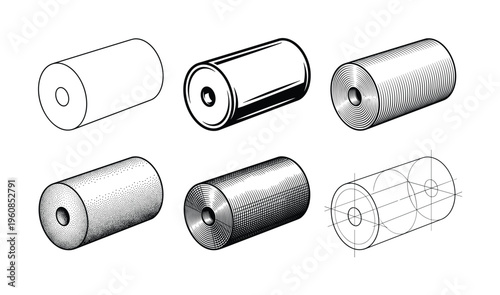 A set of six cylinder illustrations showing various rendering techniques from simple outline to detailed technical drawing. Vector art for design, engineering, or educational concepts.