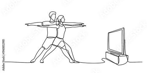 Continuous line drawing of a young couple practicing yoga at home in front of the television