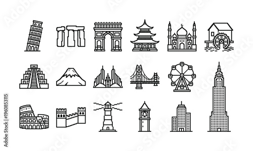 A set of world landmark icons in a pixel art style. This collection is perfect for travel, global business, or retro gaming themes. Minimalist black and white design.