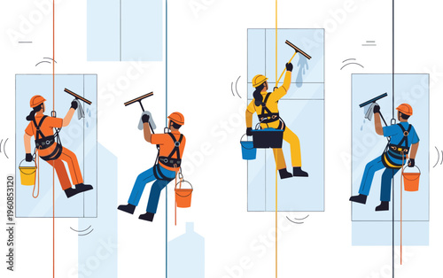 Professional high rise window cleaners vector set featuring workers in safety harnesses washing skyscraper glass windows with squeegees and buckets