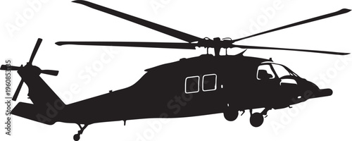 Black helicopter silhouette, military aircraft icon, rotorcraft symbol, aviation graphic