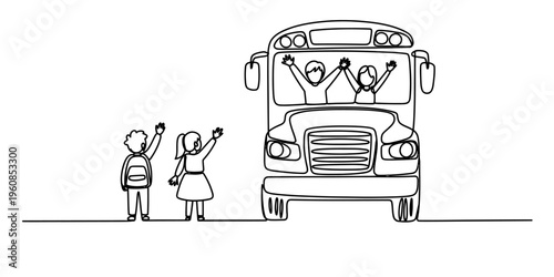 Continuous line drawing of school children waving goodbye to their friends on a school bus.