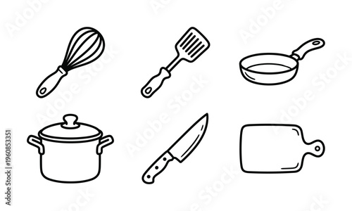 A set of hand-drawn kitchen utensils and cookware icons. Includes whisk, spatula, pan, pot, knife, and cutting board. Perfect for recipes, menus, and cooking blogs.