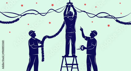 Workers installing string lights outdoors together.