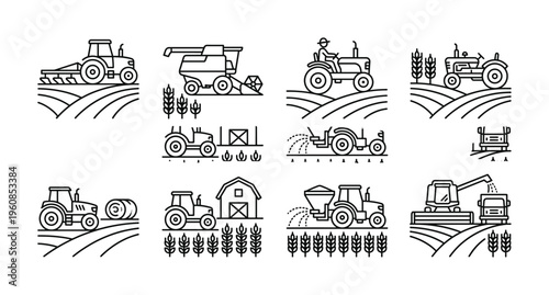 Set of agriculture line icons. Farm machinery symbols for infographics, web design. Includes tractor, harvester, plow. Vector graphic collection for farming industry.