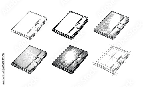 A set of six wallet icons in various graphic styles like engraving, stippling, and line art. Minimalist black and white vector illustrations for finance or fashion concepts.