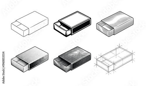 A set of matchbox illustrations in various graphic styles like line art, hatching, and blueprint. Vector collection for packaging design, branding, or vintage themed projects.