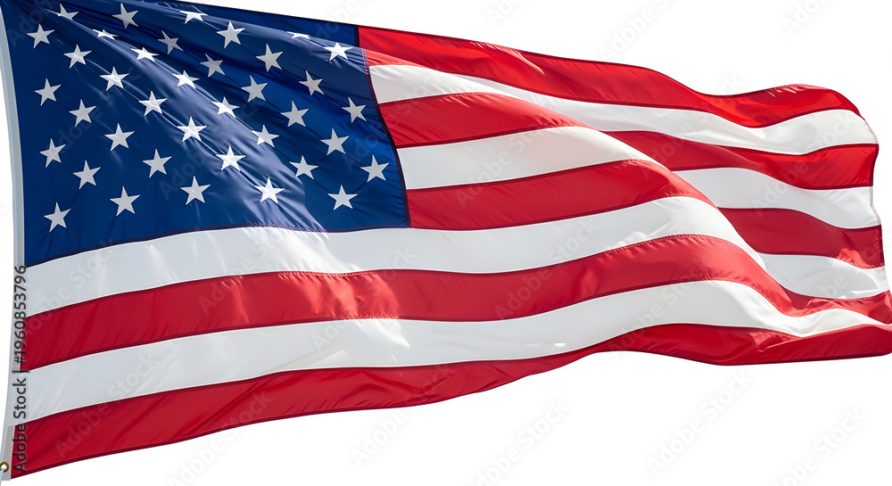 Obraz premium A waving American flag with vibrant colors, showcasing the iconic stars and stripes. The flag is billowing gracefully in the wind, symbolizing freedom and national pride