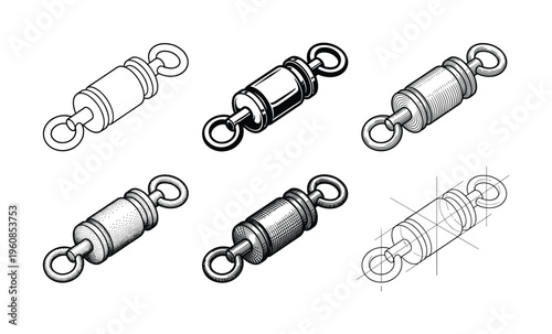 A set of six fishing swivel illustrations. Black and white vector collection showing graphic styles like line art, engraving, stippling, and a technical blueprint. For design.