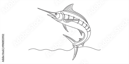 marlin fish jumping out of water, line drawing