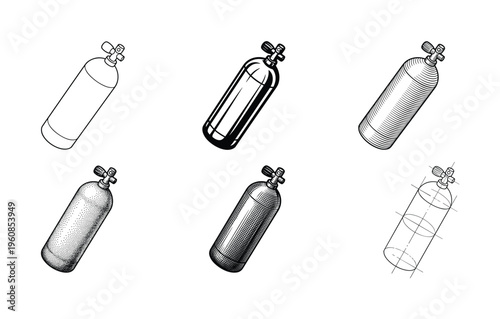 A versatile set of six scuba tank vector illustrations. Includes line art, engraving, stippling, and hatching styles. Perfect for diving logos, icons, or technical designs.