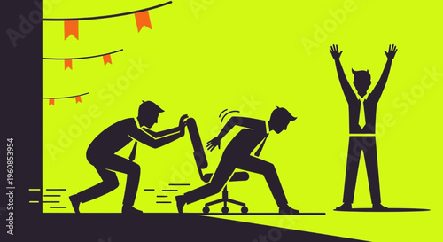 Office workers celebrating a successful teamwork moment.