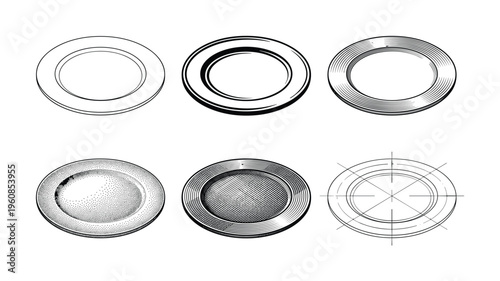 Set of six black and white plate illustrations. Includes vintage engraving, stippling, line art, and technical drawing styles. For design, culinary, or retro projects.