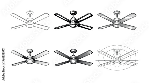Set of six ceiling fan vector illustrations. Includes outline, silhouette, engraving, stipple, and blueprint styles. Perfect for icons, technical drawings, and home appliance catalogs.