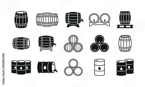 A versatile set of barrel icons. Includes wooden casks for wine and beer and metal drums for oil. Perfect for distillery logos, industrial infographics, or app interfaces.
