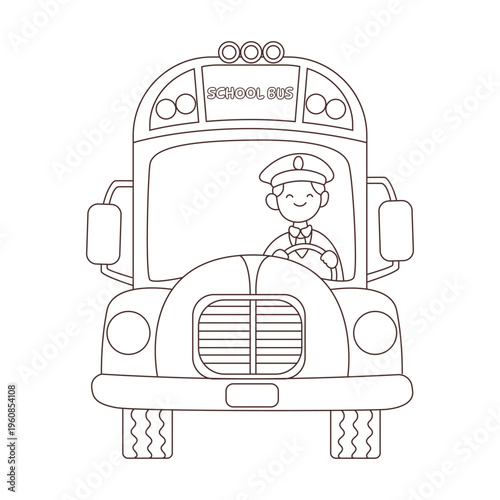 Detailed front view line art of an iconic school bus with a friendly driver. Cute comic style coloring page for suburban academic themes, back to school, and student learning