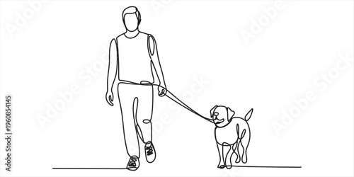 man walking dog on leash in simple line art
