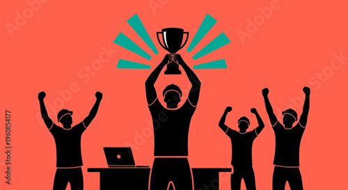 Four people celebrating with a trophy.