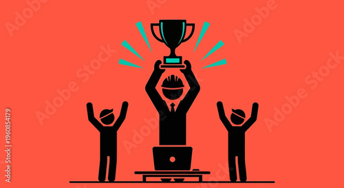 People celebrating with a trophy and laptop.